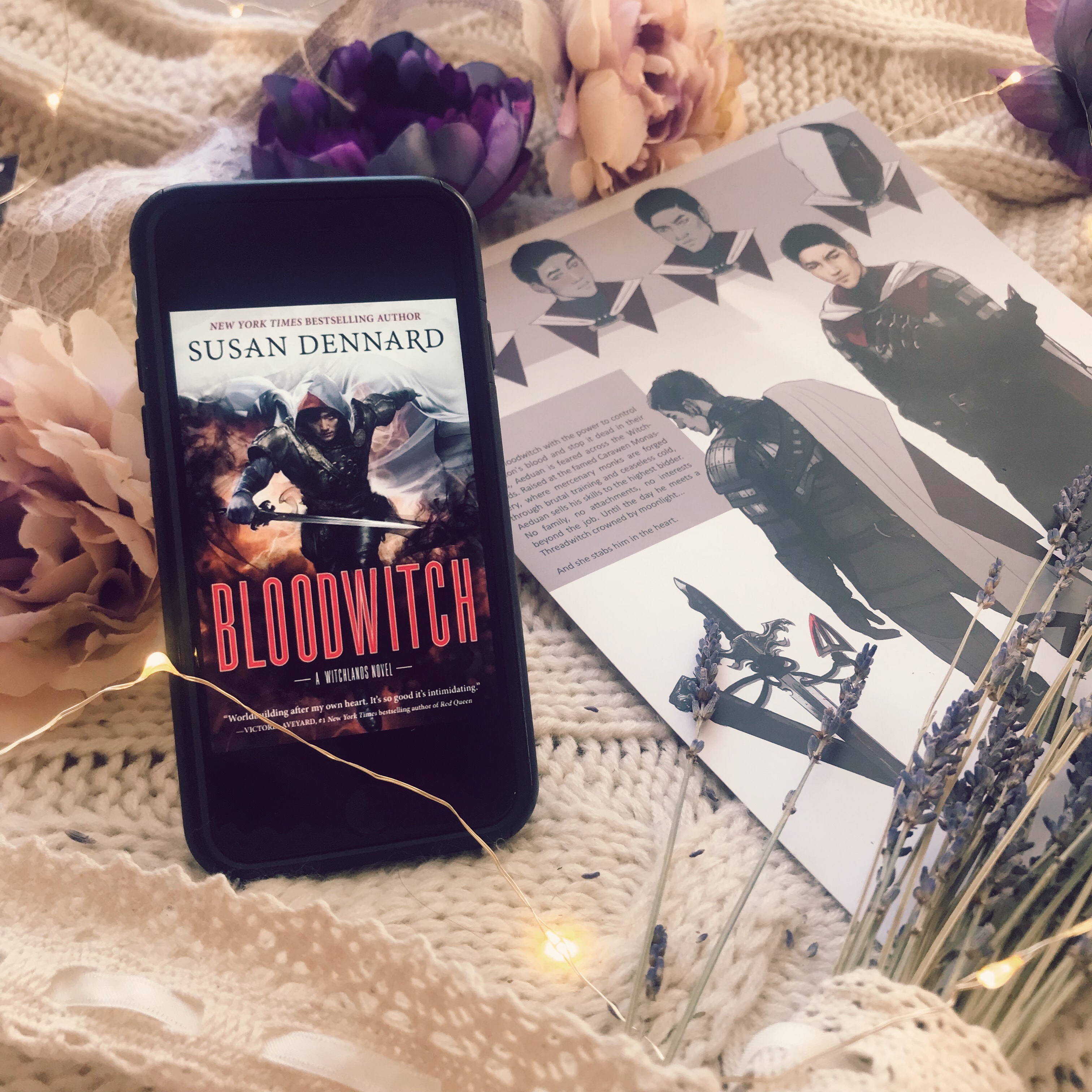 Bloodwitch as an ebook, with a Aeduan poster behind it. 