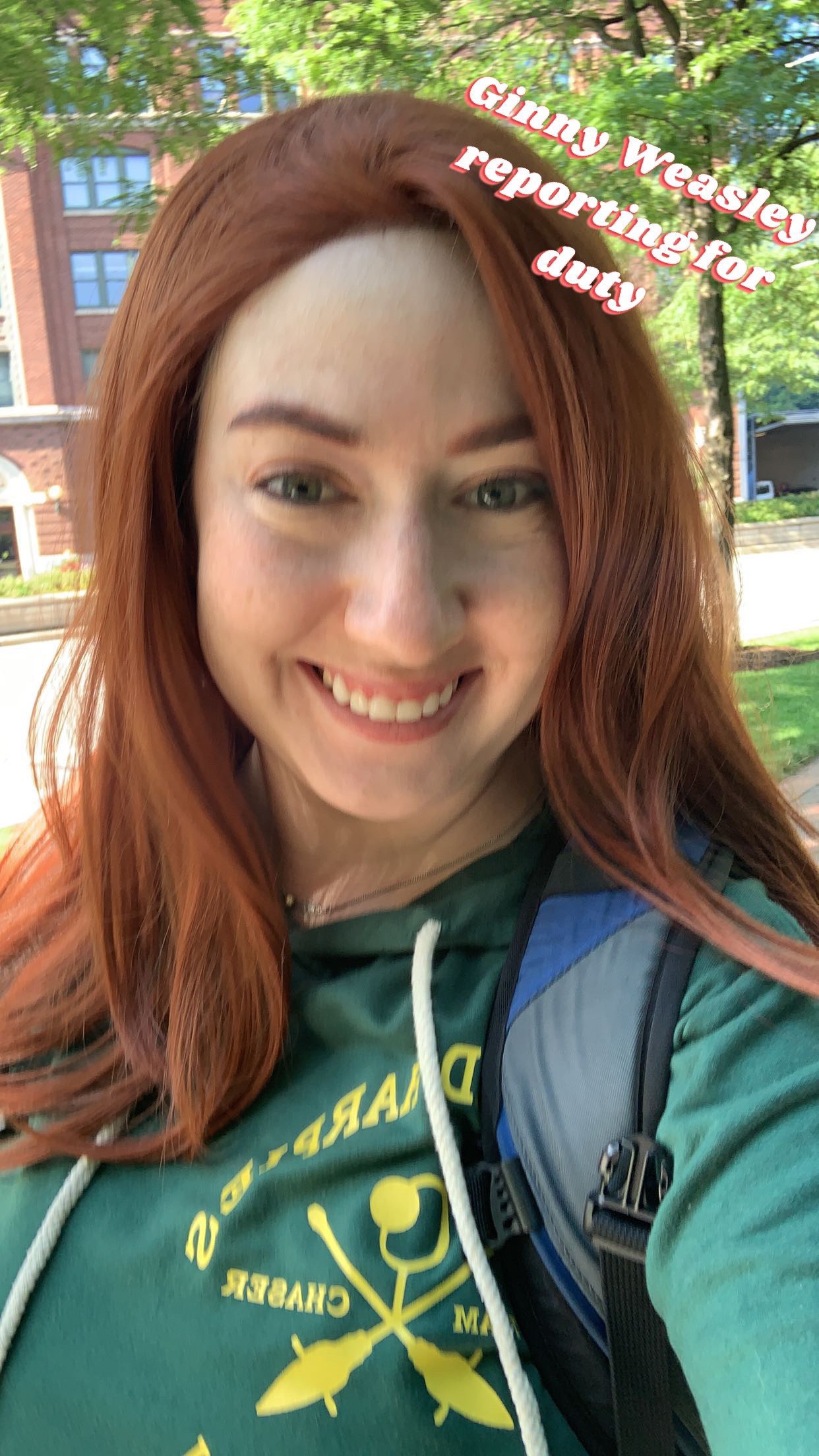 Selfie of me dressed as SavySami's Ginny Weasely in her Holyhead Harpies workout gear.