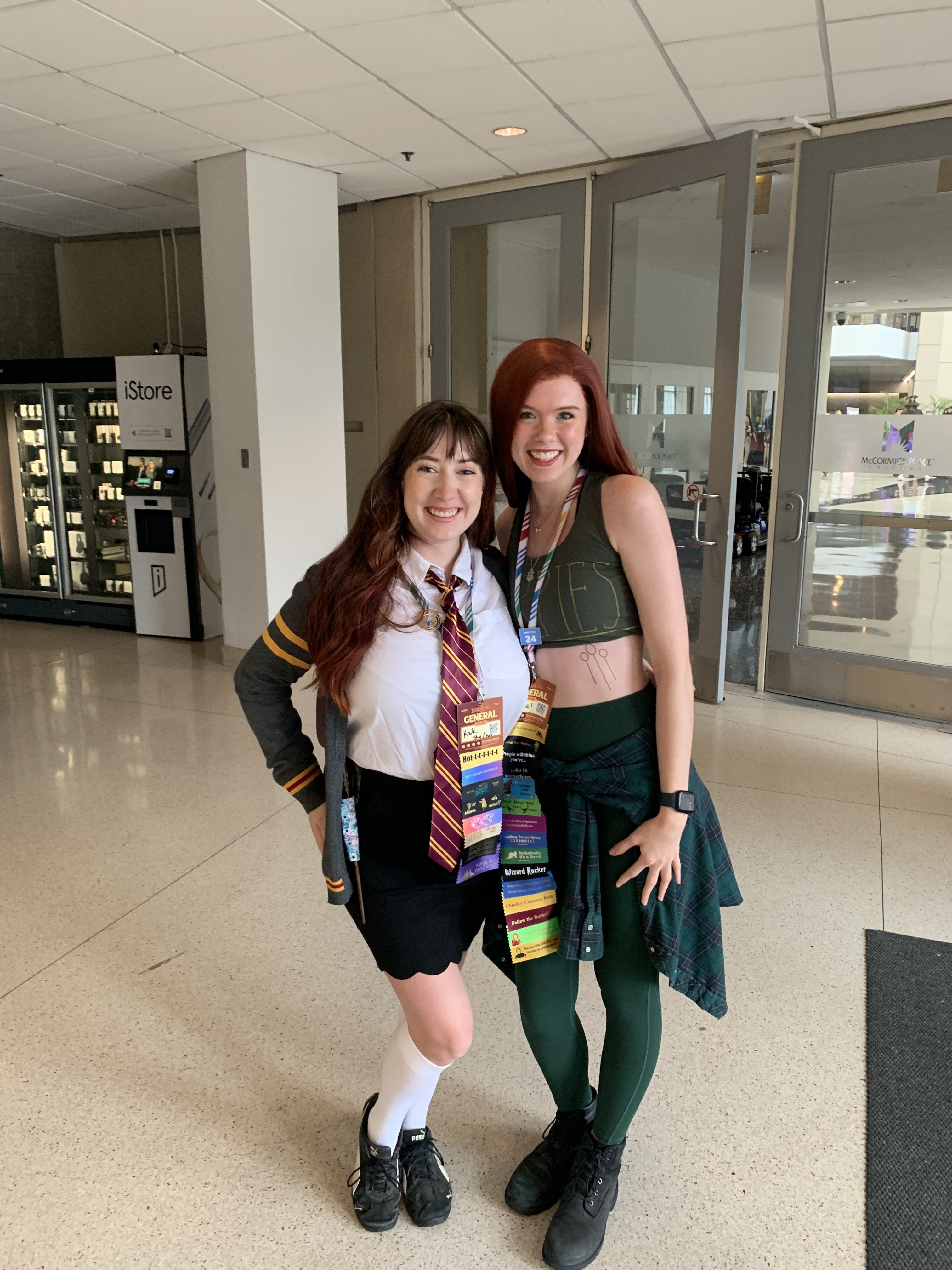 Me dressed as Hermione Granger hugging Katie.jjames dressed as SavySami's tattoo'd Ginny Weasly in her Holyhead Harpies workout clothes.