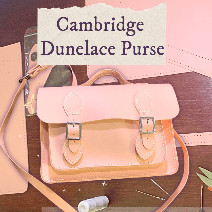pink purse on a table with a note over head that reads Cambridge Dunelace Purse
